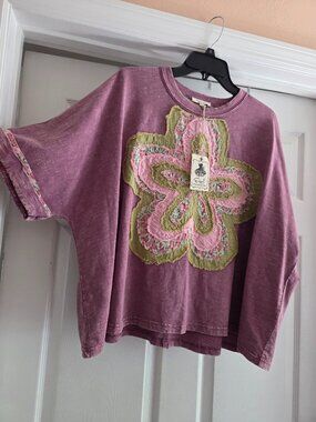 EASEL Mineral Washed Cotton Top with Flower   MEDIUM